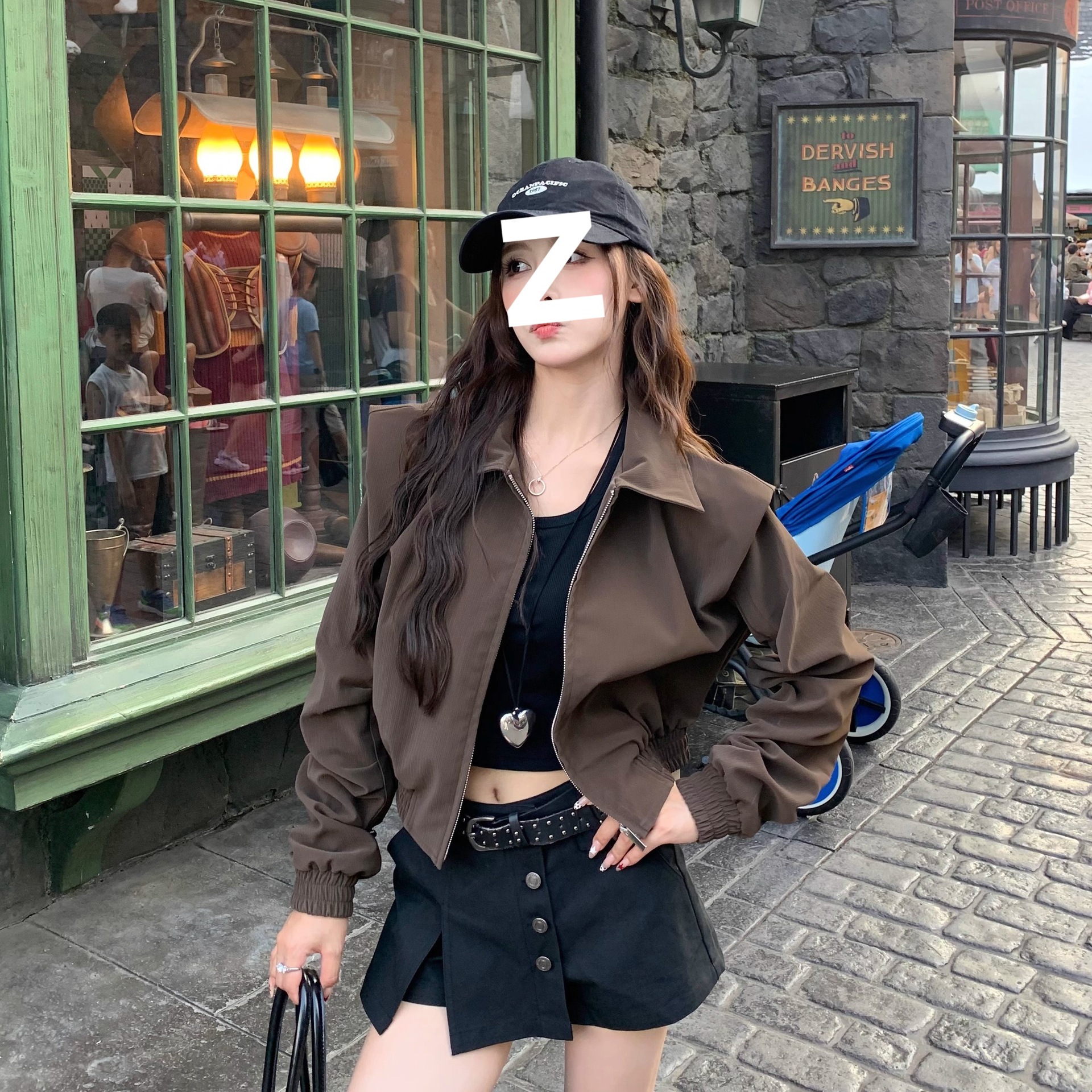 Maillard Shoulder Pad Leather Wallet Design Early Autumn New Sweet Cool Sexy Short Jacket Women's Brown Motorcycle Jacket Retro