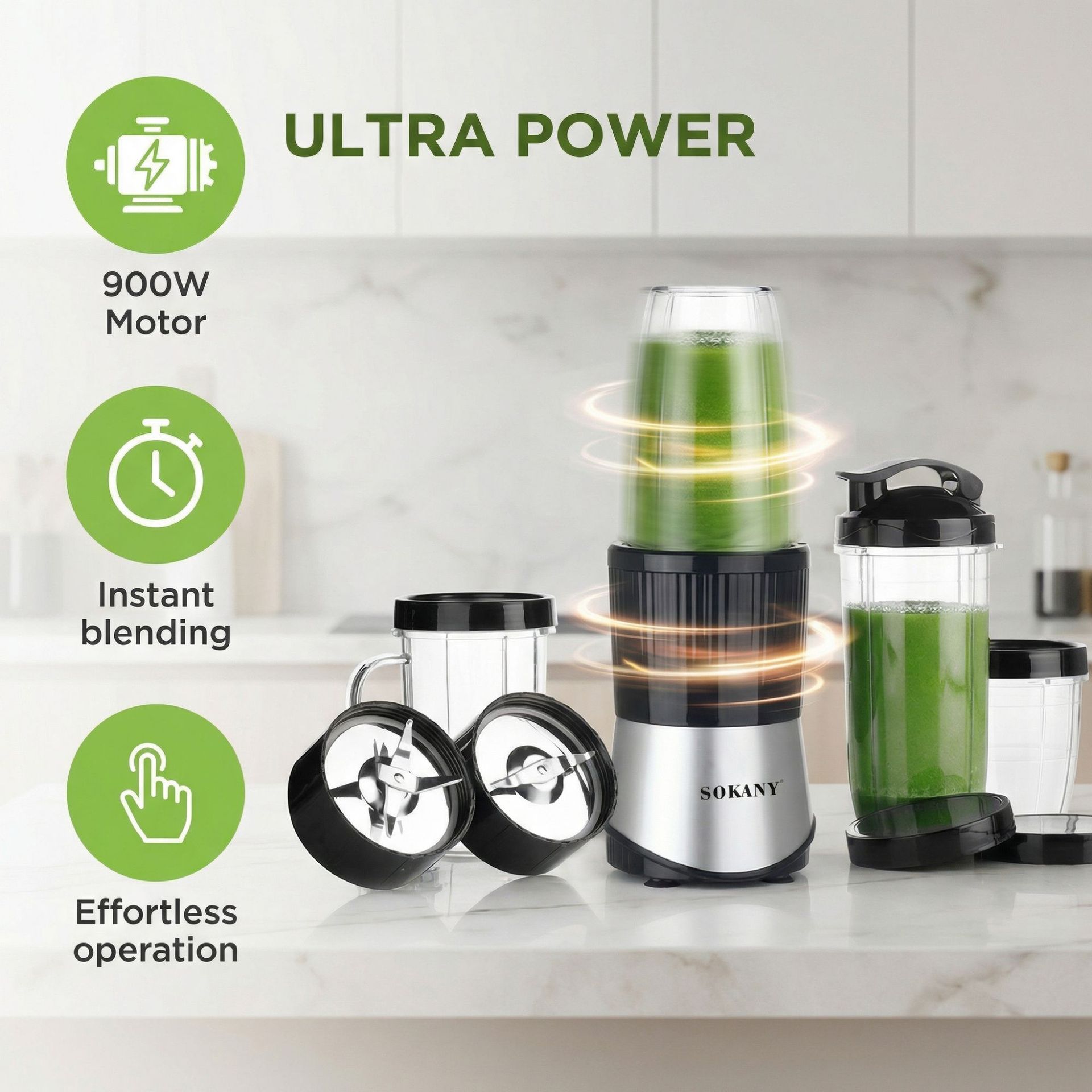 6-in-1 Multi-Purpose Blender, 900W High-Speed Smoothie Maker With 3 Cups (0.3L/0.5L/0.7L), Food Processor & Juicer For Shakes, Chopping & Grinding _voghion.com