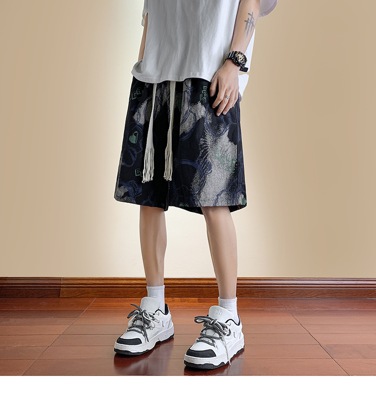 Men's Bear Print Drawstring Shorts, Loose Fit High Street Casual Shorts, Summer Streetwear Mid-Thigh Shorts_viptrois.com