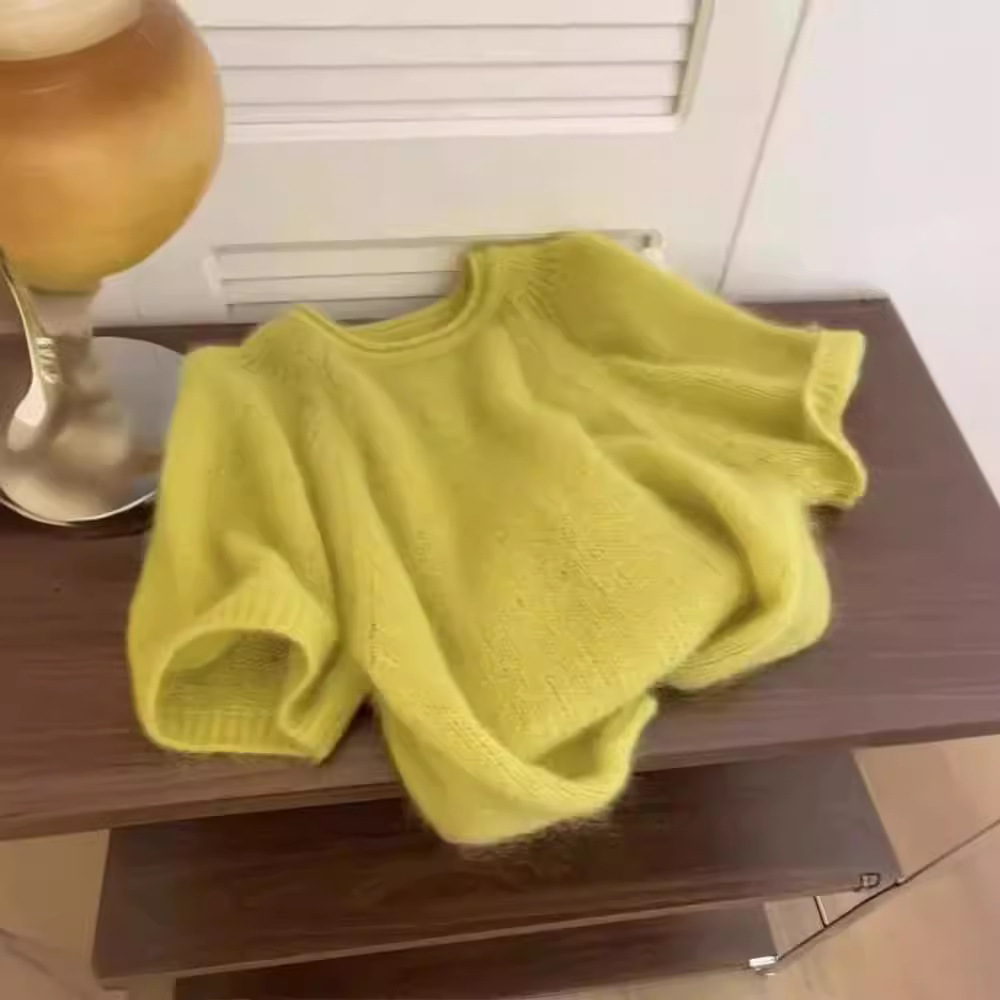 New Summer Soft Waxy Mustard Yellow Short-Sleeved Mohair Sweater for Women Loose Lazy Style Sweet Knitted Top