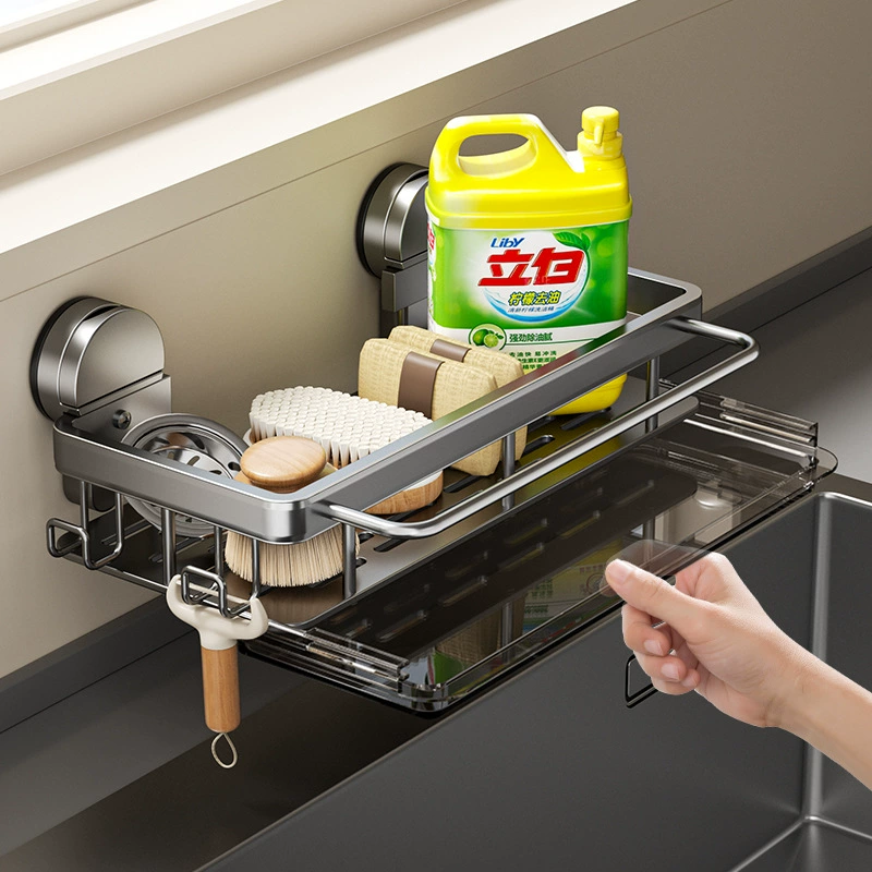 得艺 Suction Cup Wall-Mounted Kitchen Storage Rack with Hooks and Water Tray