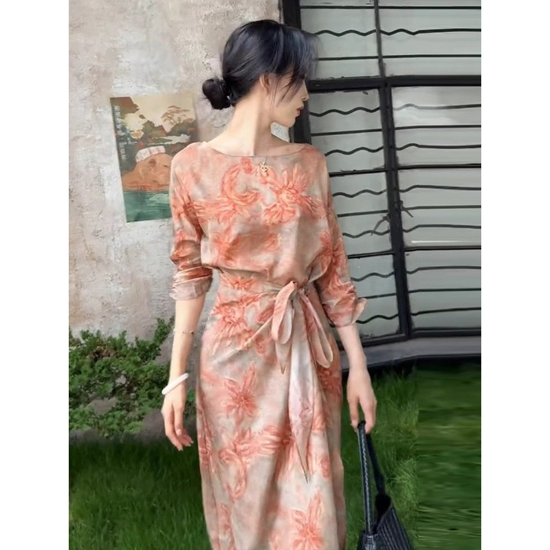 法式名媛风印花长袖连衣裙女收腰系带长裙2025夏季新款女装高级感|undefined