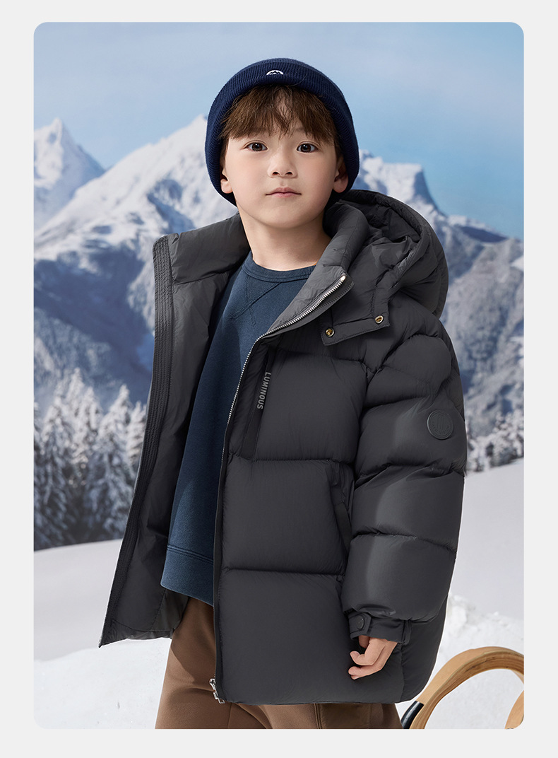 Kids Winter Puffer Jacket With 90% White Duck Down, Short Thickened Coat For Boys & Girls, Trendy Outerwear For Big Kids (120-170cm, Black/Smoke Grey)_voghion.com