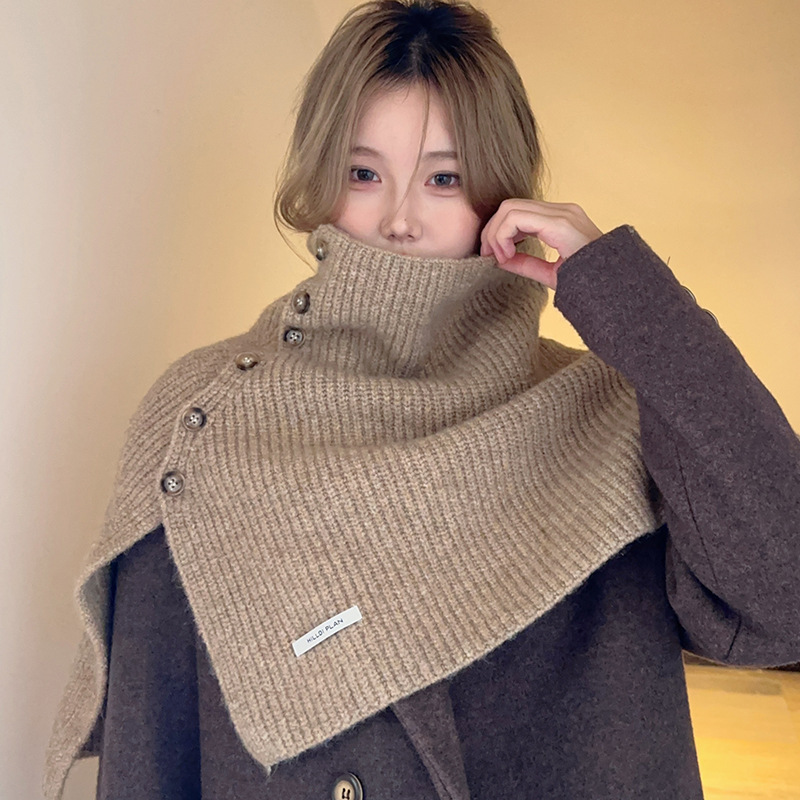 Hochwertiger, vielseitiger Schal/Umhang aus Wolle im koreanischen Stil mit Knöpfen für Herbst und Winter_voghion.com