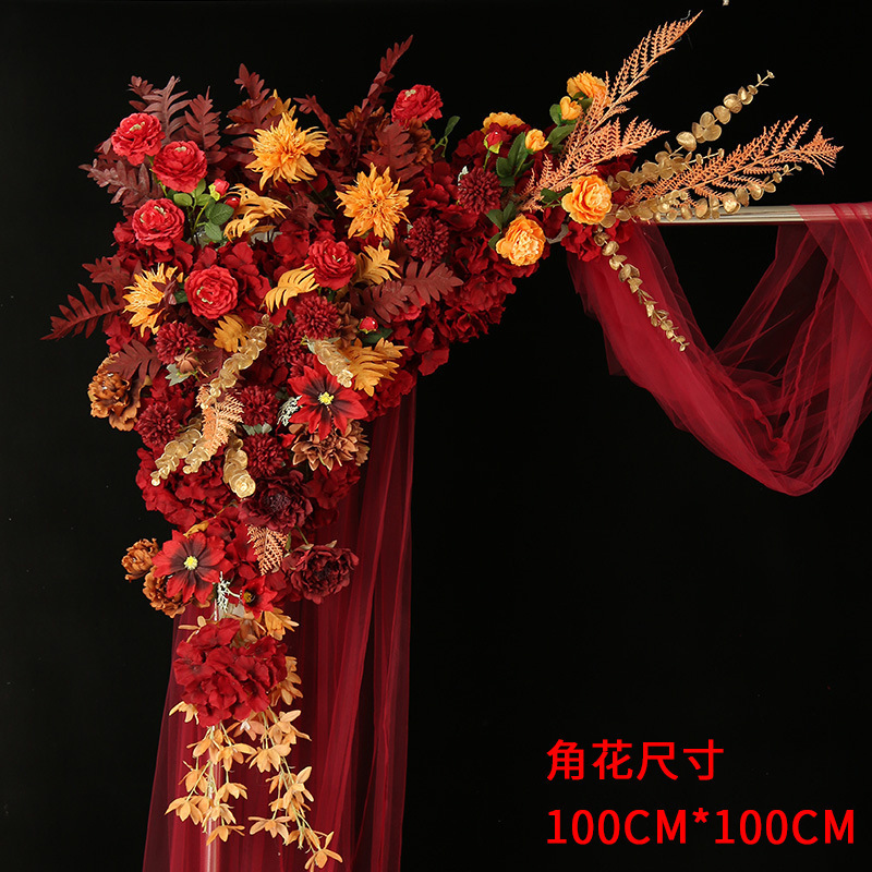 結婚式の道具の青い結婚式のシミュレーションの花の列の花の三角の花の列は造花の舞台の装飾の大きい赤色を配置します。|undefined