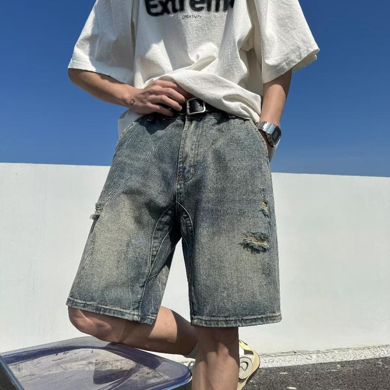 Pantalones cortos de jeans agujeros de verano delgados para hombres 2025 nuevos pantalones vintage estadounidenses sueltos marca de tendencia pantalones de tamaño grande