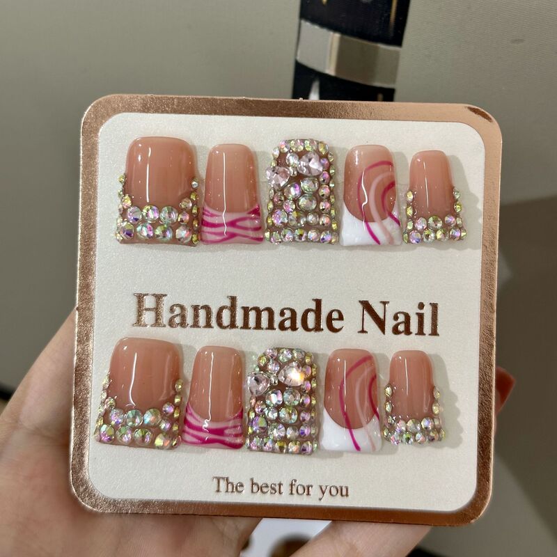 Foreign Trade European and American Cross-Border Sweet and Cool Style Duckbill Nails, Ice-Transparent French Full Diamond Flash, Pure Handmade Wearable Nails Factory Wholesale Foreign Trade European and American Cross-Border Sweet and Cool Style Duckbill Nails, Ice-Transparent French Full Diamond Flash, Pure Handmade Wearable Nails Factory Wholesale