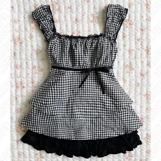 2025 New Style Fresh Fashion Retro Plaid Stitching Lace Cake dress Sling dress