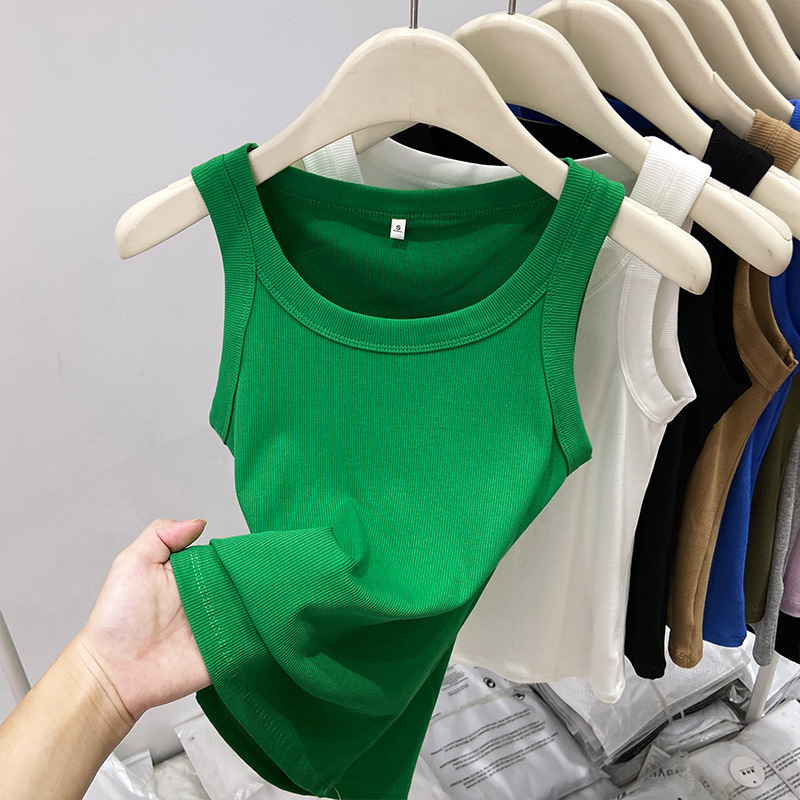 Green Dopamine-Style Slim-Fit Ribbed U-Neck Tank Top for Women, Summer 2026 Versatile Vest