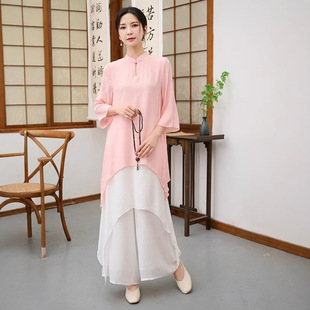 Summer Cotton and Linen Zen Chinese Style Tai Chi Suit Three-Quarter Sleeve Top Elastic Waist Pants Yoga Suit Two-Piece Set for Women