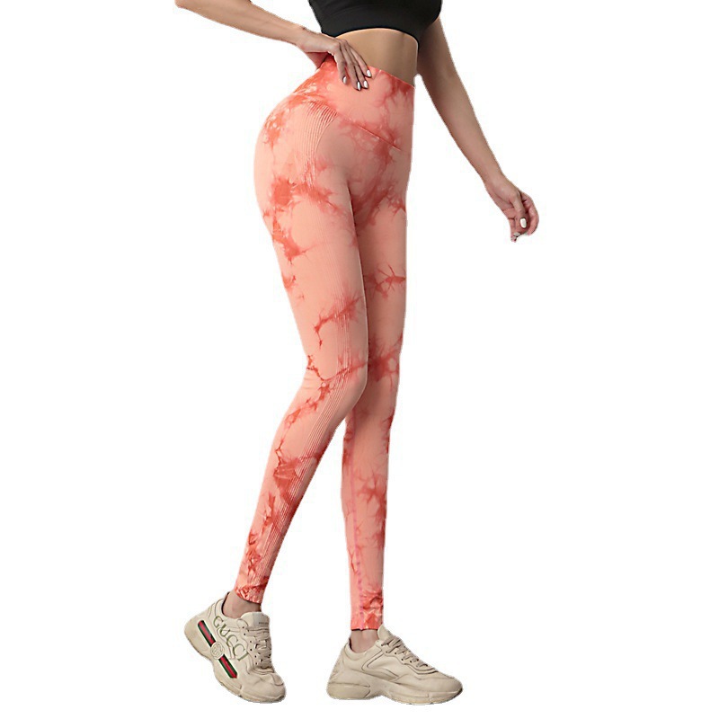 Pantalones deportivos de fitness tie-dye transfronterizos para mujer, levantamiento de glúteos de melocotón de cintura alta, ropa exterior sin costuras, pantalones de yoga para correr, transpirables