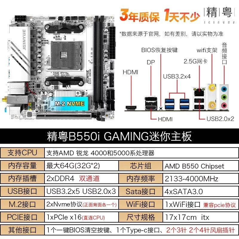 Материнская плата精粤 B550I GAMING ITX mini AM4 для Ryzen 4-го/5-го поколения, игровая, DDR4