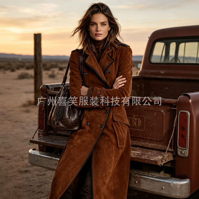 2026 Cross-border European and American style double-breasted suede long trench coat for women, new autumn and winter fashion coat with a turn-down collar and waist-cinching design 2026 Cross-border European and American style double-breasted suede long trench coat for women, new autumn and winter fashion coat with a turn-down collar and waist-cinching design
