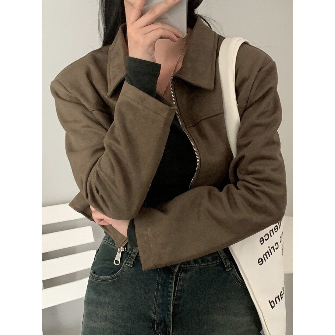 Korean chic autumn retro stylish lapel zipper loose versatile long-sleeve faux leather short jacket for women