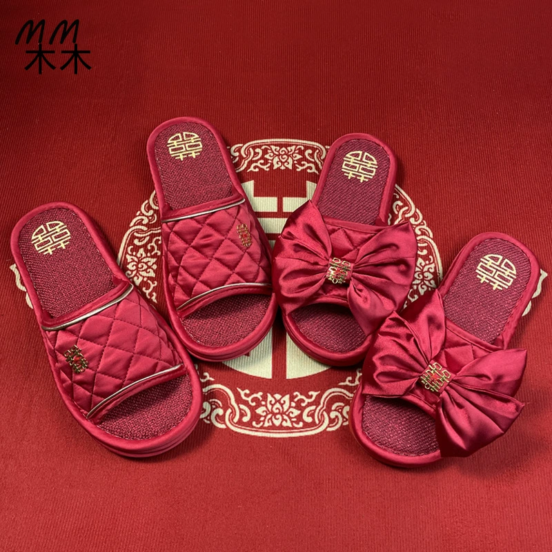 Новые китайские красные свадебные тапочки жениха невесты свадебные праздничные домашние тканевые тапочки Красная пара плоские