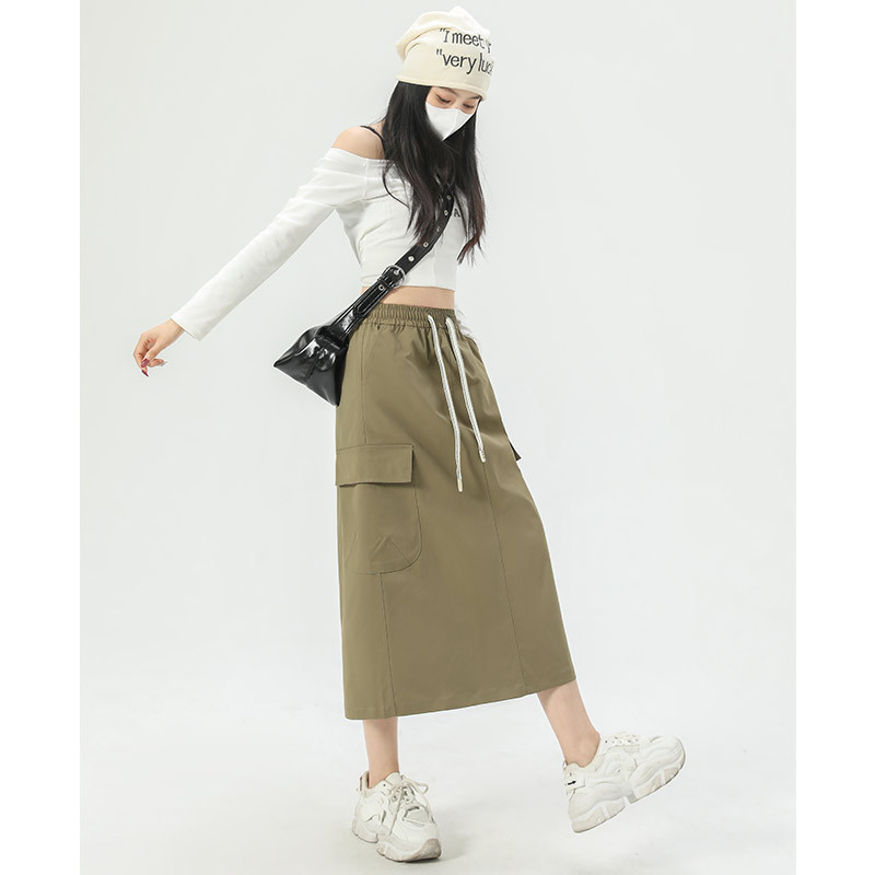 American-Style Large Pocket Workwear Skirt for Women, 2026 Spring/Summer New Model, Solid Color, Hip-Covering, High-Waisted, Slimming, Slit A-Line Mid-Length Skirt