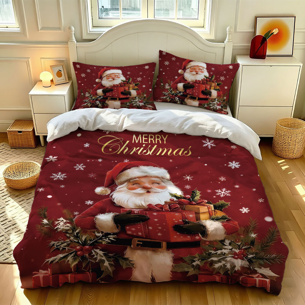 Customized Christmas Bedding Set with Three Pieces, Brushed Pillowcases, Santa Claus Cross-Border Digital Print Set