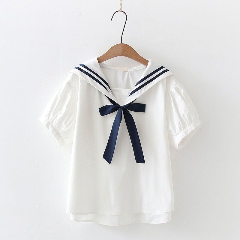 2026 Summer New Style College-Style Shirt Korean Version Fresh Striped Loose Sailor Collar Short-Sleeve Shirt Top for Women
