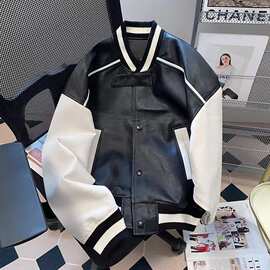 美式复古黑白撞色短款夹克棒球服女2023秋季潮牌vintage皮衣外套