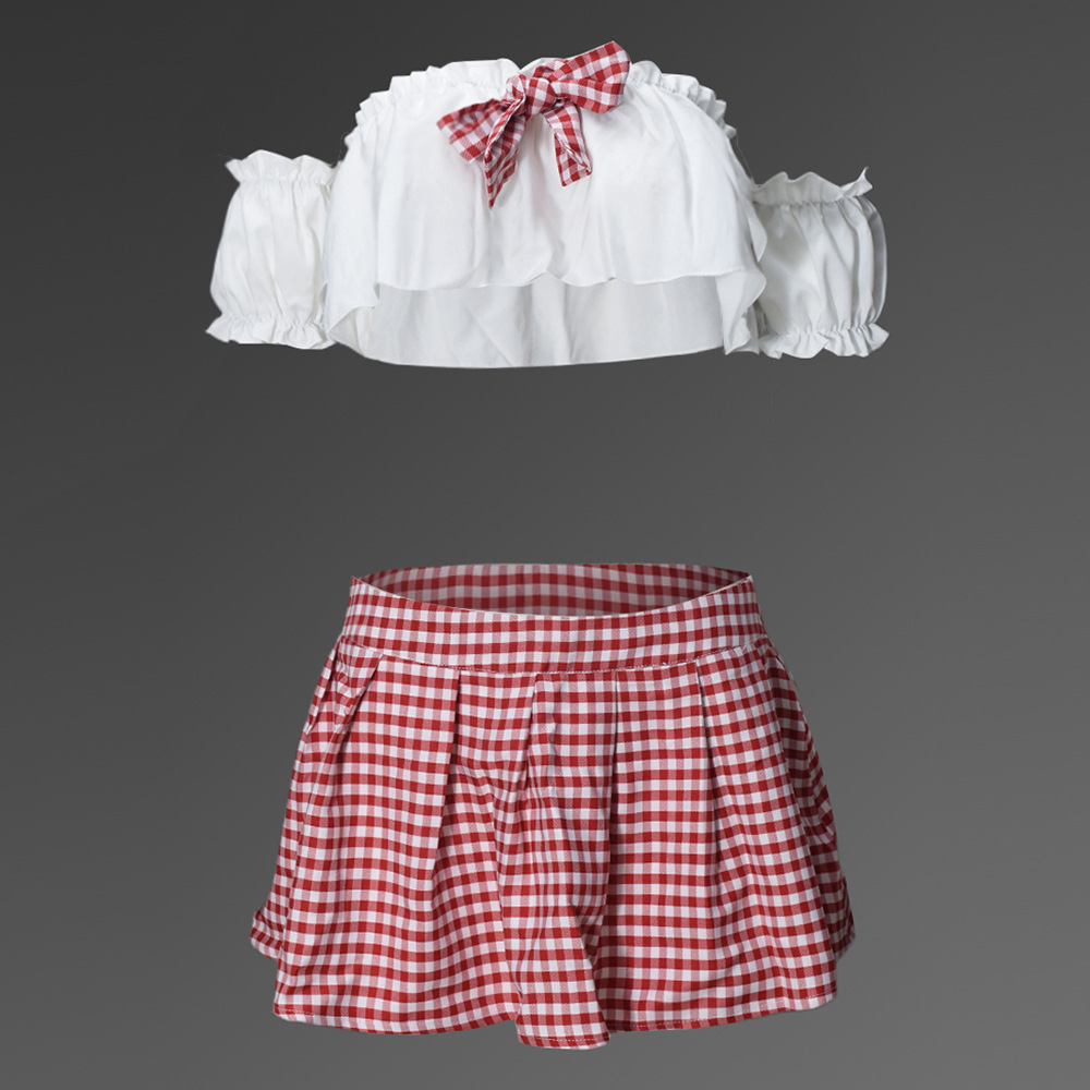 Sexy Cutout Plaid Chest-Wrapped Separated Sleeves Pleated Skirt Women Clothing