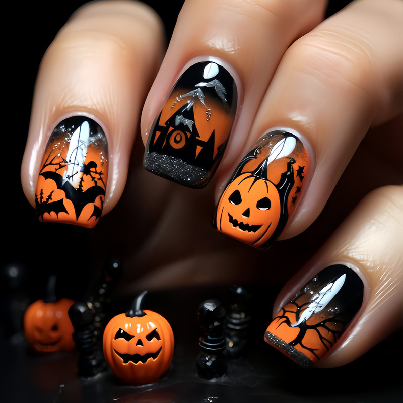 Foreign Trade 24-Piece Halloween Short Nails Evil Pumpkin Wearable Nails Orange Gradient Press-On Fake Nails Nalis Foreign Trade 24-Piece Halloween Short Nails Evil Pumpkin Wearable Nails Orange Gradient Press-On Fake Nails Nalis