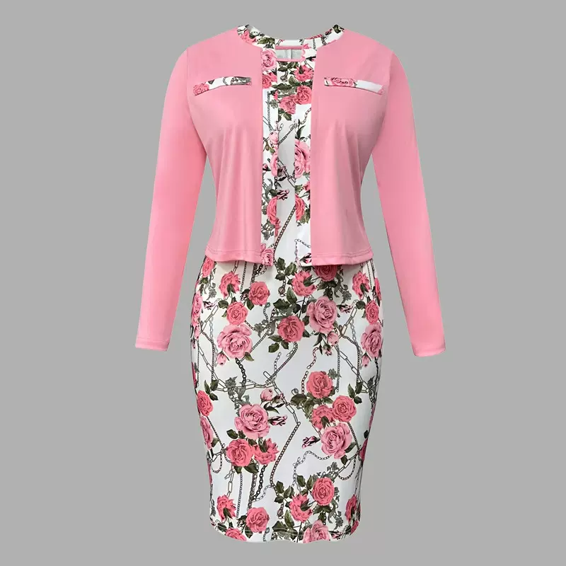 2025跨境优雅花卉时尚印花包臀连衣裙长袖拼接撞色外套两件套春季