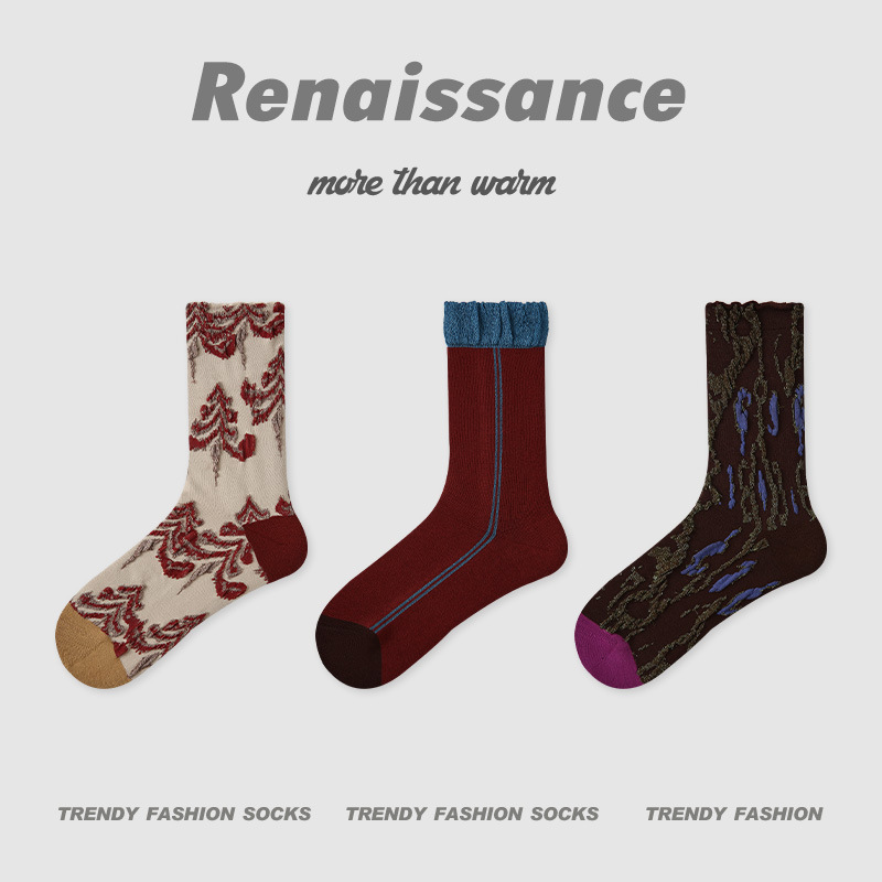 ルネッサンス新中国風秋 2025 新しいチェック柄花柄ミッドカーフソックス ins 文学ファッション女性の靴下