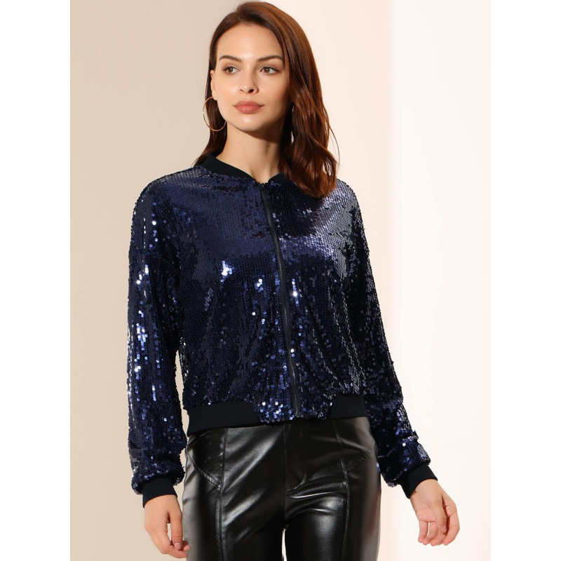 Cross-Border Amazon Glitter Sequin Long-Sleeve Bomber Jacket for Women 2026 Spring New Design Stylish Coat