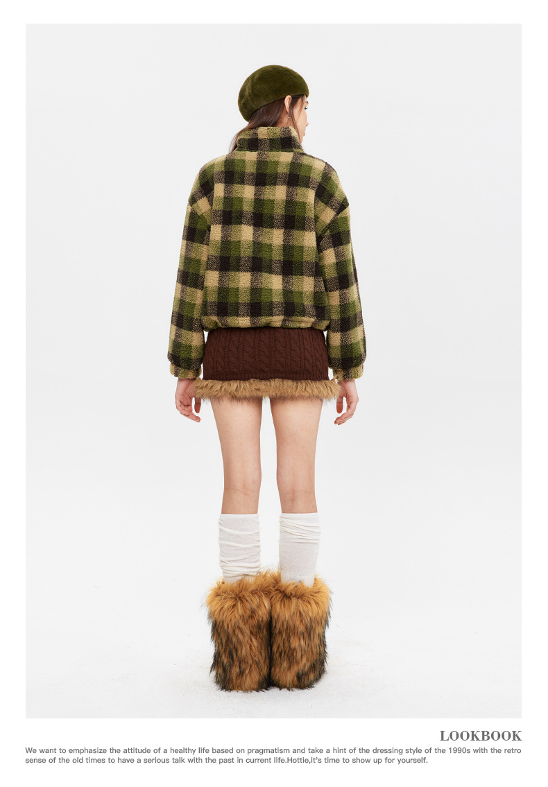Women's Retro Half Zip Sweater Jacket Letter Embroidered Plaid_voghion.com