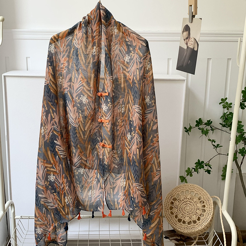 Verano de alta gama ropa exterior de mujer estilo étnico retro protector solar hebilla chal Yunnan Qinghai turismo bufanda de seda