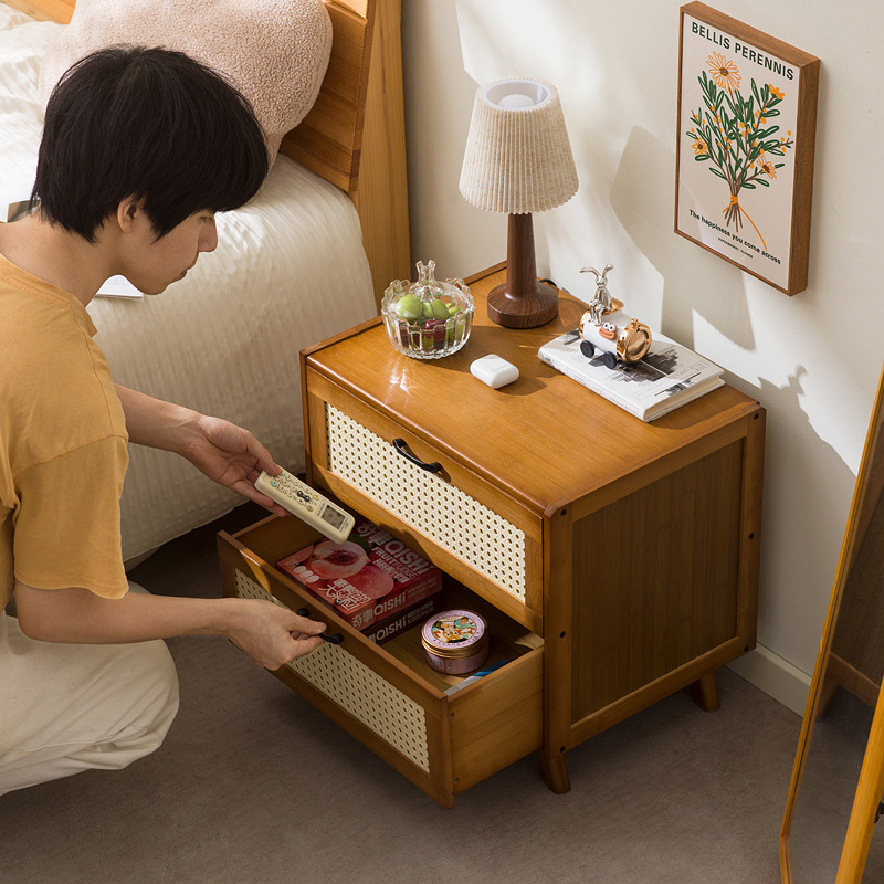 中古风实木床头柜藤编家用床边柜简约卧室床头柜落地式收纳组合柜|undefined