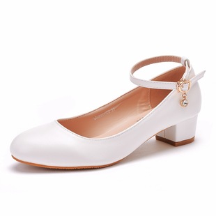 Foreign Trade Large Size 3cm Square Heel Round Head Shoes Single Shoes Wristband Shoes Spring and Autumn Wedding Shoes Women's White Wedding Shoes