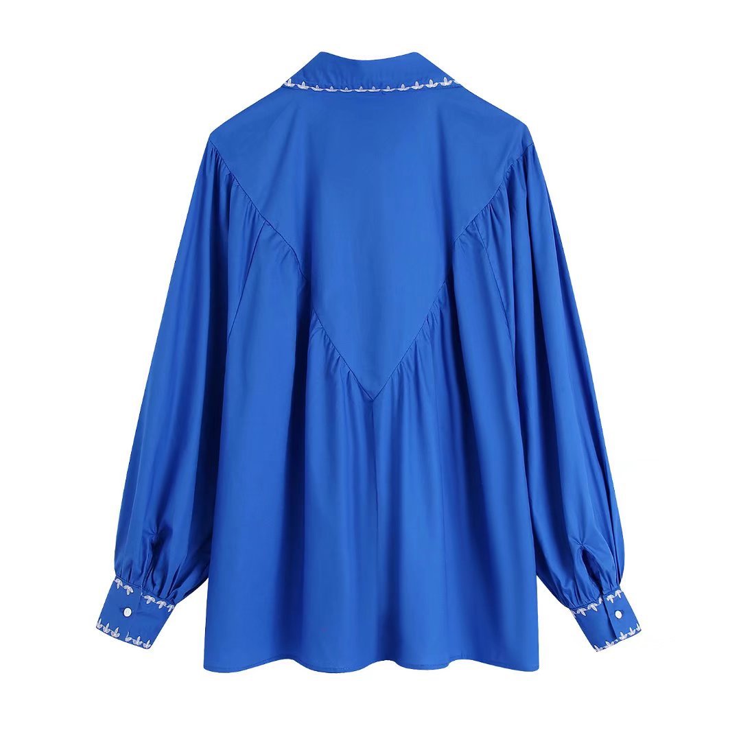 Long Sleeve Contrast Embroidered lapel Poplin top NSLQS123850