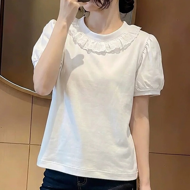 White Lace Spliced Round Neck Short-Sleeved 2026 Summer New Style Elegant, Gentle and Intellectual Top for Women White Lace Spliced Round Neck Short-Sleeved 2026 Summer New Style Elegant, Gentle and Intellectual Top for Women