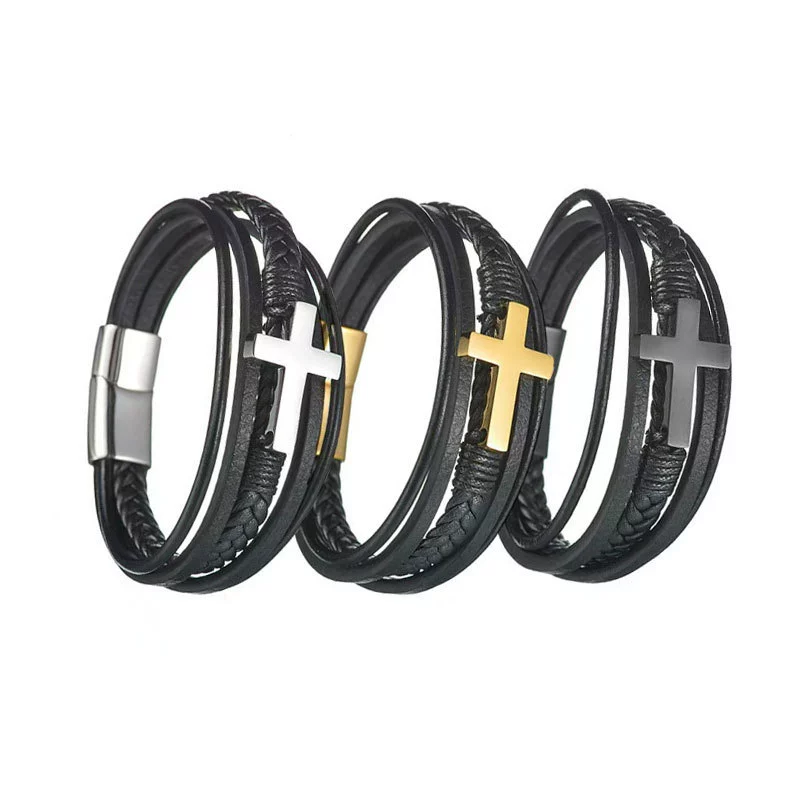 Внешняя торговля взрывной индивидуальность дикий многослойный тканый кожаный крест браслет мужской нишевые дизайн пара браслет женский