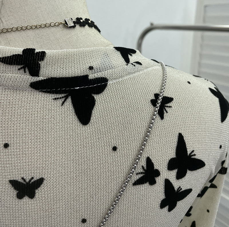 Sexy Butterfly Flocking Shiny Mesh Long Sleeve T shirt Large Bell Sleeve Short Slim Top