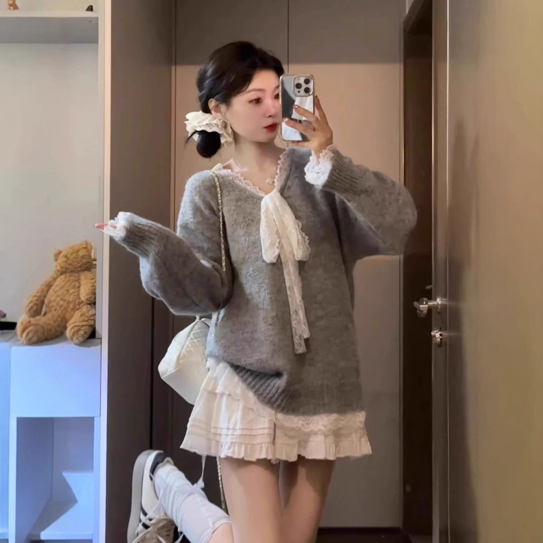 Design lace knitted long-sleeve with bow