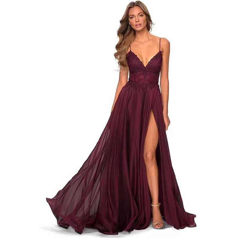 Nuevo vestido de fiesta de gasa con apliques de encaje, tirantes delgados con tirantes abiertos, vestido de noche de banquete sexy