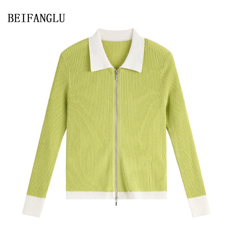 Northern Deer Comfortable Breathable Linen-Cotton Spring-Summer Stylish Contrast Color Lapel Zipper Ribbed Knit Cardigan 1702 Northern Deer Comfortable Breathable Linen-Cotton Spring-Summer Stylish Contrast Color Lapel Zipper Ribbed Knit Cardigan 1702