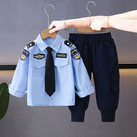 男童春装套装2026酷帅4岁儿童男孩衬衫3宝宝警察服夏季表演服特警