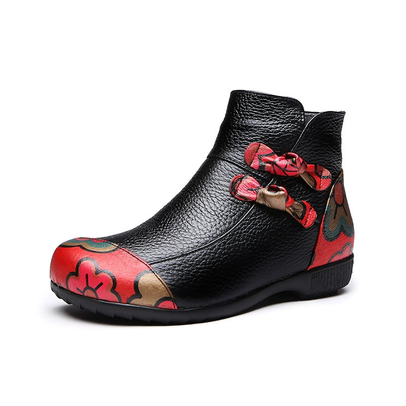 Ethnic leather low boots with bow, keep warm shoes for mother, ethnic style