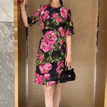 欧洲站春秋时尚欧美走秀款高端女装性感修身包臀印花连衣裙