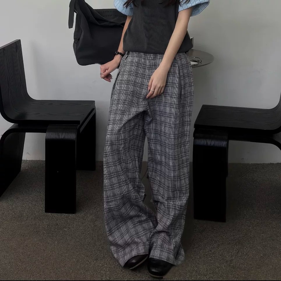 2026新款格纹松弛感打褶直筒A字阔腿西裤慵懒风通勤休闲长裤男女