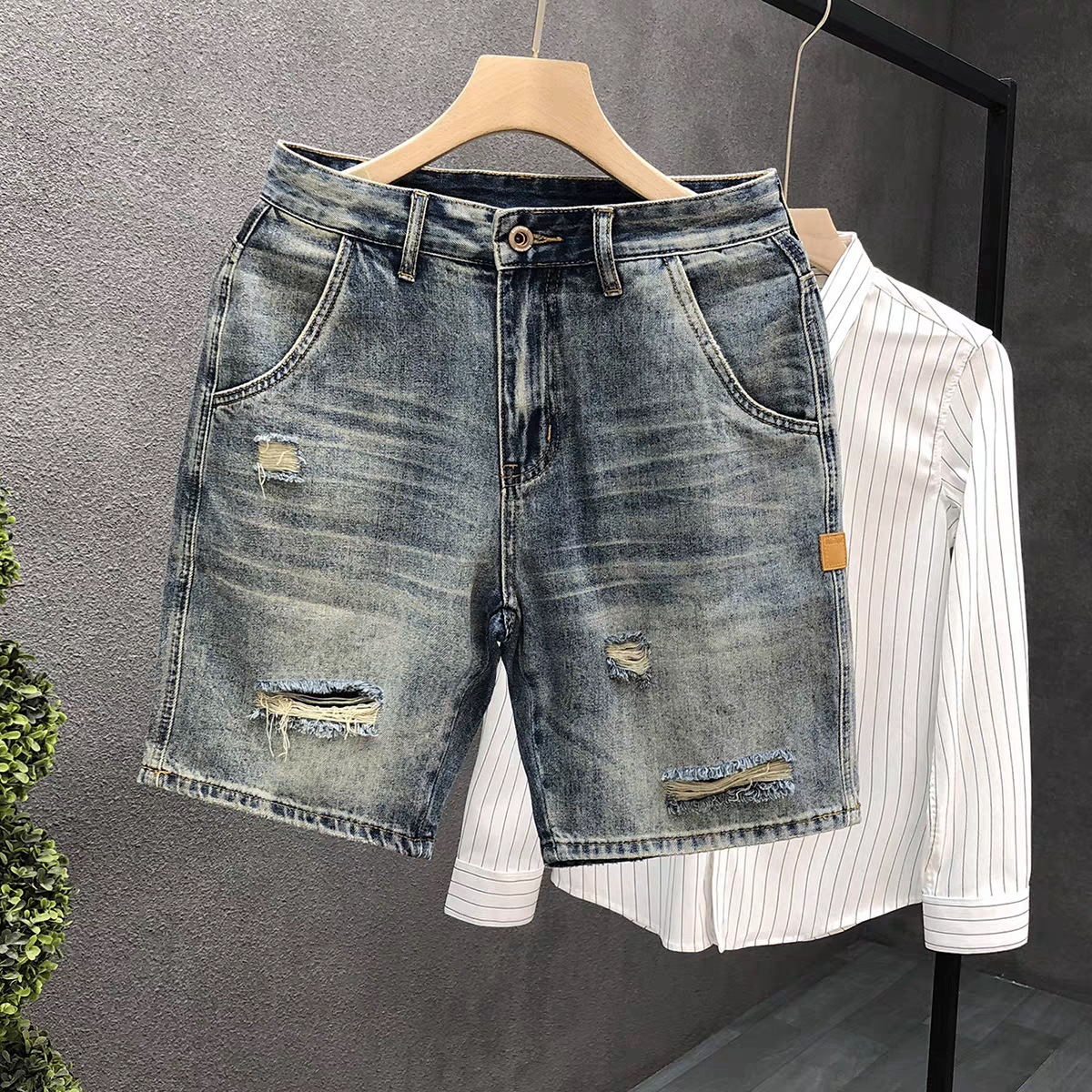Summer New Ripped Denim Shorts for Men, Wear-Resistant, Washed, Retro, Light-Colored, Stretchy, Comfortable, Handsome, Casual Five-Point Pants