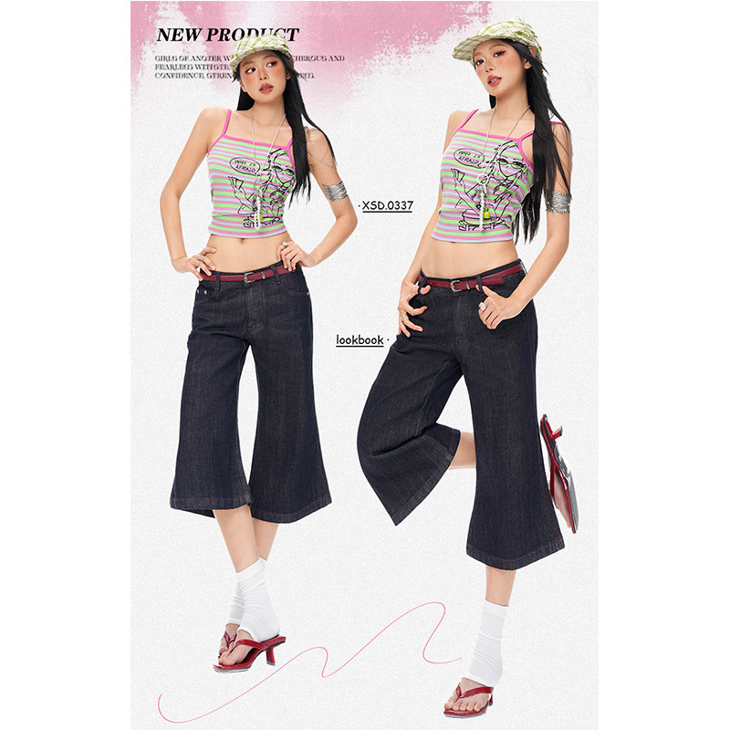American Retro Style Raw Denim Flared Cropped Jeans for Women, Summer Red Stitching, Slimming, Tummy Control, Butt-Lifting Mid-Length Pants American Retro Style Raw Denim Flared Cropped Jeans for Women, Summer Red Stitching, Slimming, Tummy Control, Butt-Lifting Mid-Length Pants