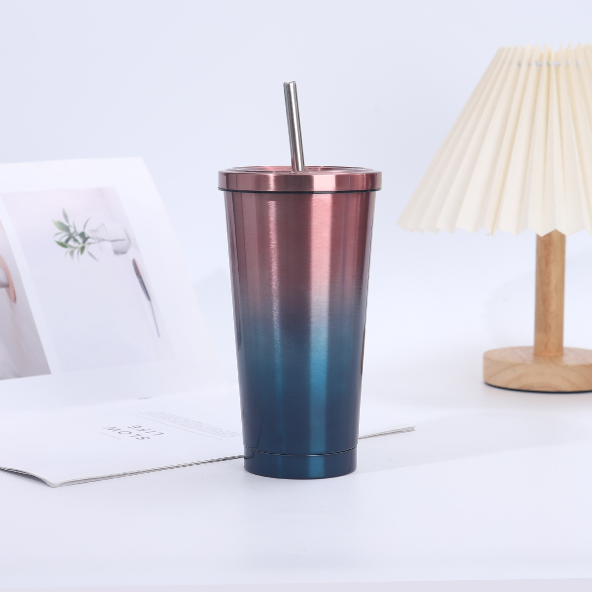 Creativo café degradado 304 taza de vacío de acero inoxidable taza de hielo de gran capacidad taza de paja para exteriores