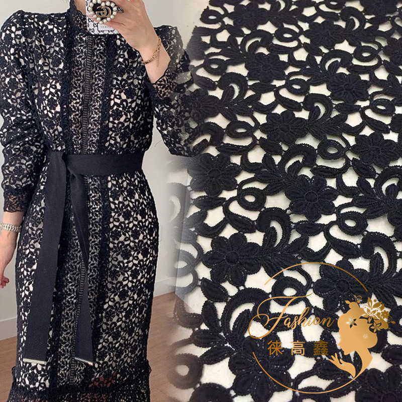 满幅牛奶丝蕾丝花朵刺绣 黑色蕾丝水溶花边 女装裙摆新款花边面料