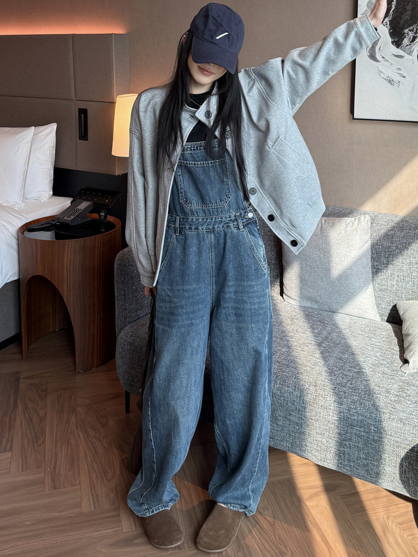 复古牛仔背带裤女秋季2025新款设计感宽松减龄显瘦阔腿气球连体裤|undefined