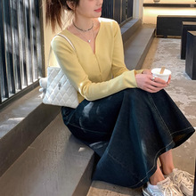 [YQGFS]奶黄色针织开衫女2024春季新款修身百搭薄款简约毛衣外套