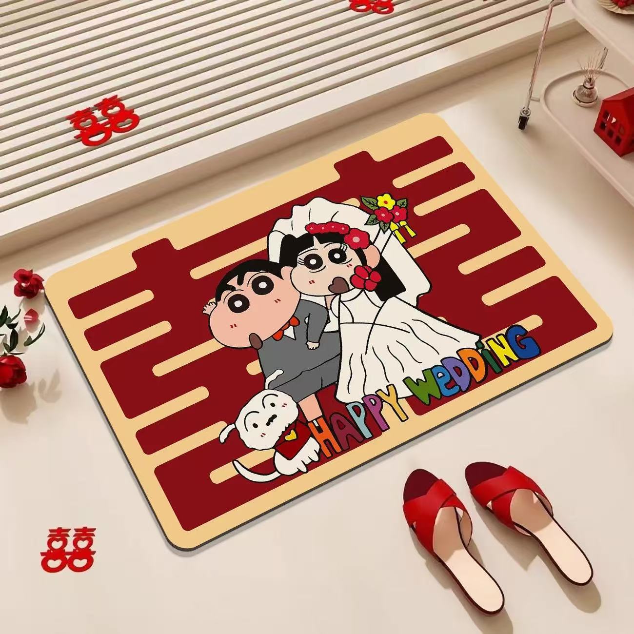 Cartoon festive diatomite floor mat for wedding bathroom, water-absorbent and non-slip, red "happy" character mat for wedding room decoration